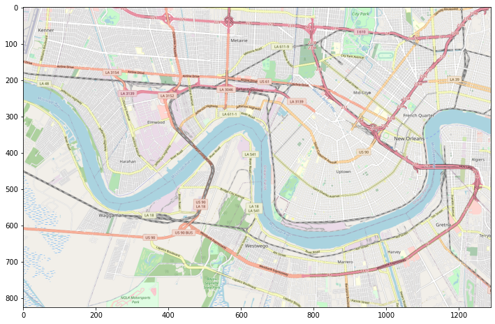A, now properly sized, plot of New Orleans using the cropping script we just developed to resize our basemap to the proper size for our visual.