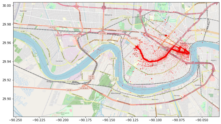 The final visual we've been working to depicting the roughly 400,000 position reports of buses as they service route 16 of New Orleans.
