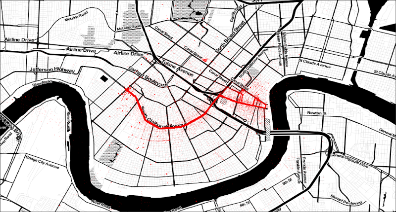 A plot of the ~466,000 position reports for buses servicing route 16 as they work their way up and down South Claiborne Avenue, between South Carrollton Avenue and Harrah's near the French Quarter.
