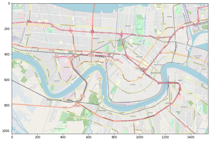 A plot of New Orleans using the script we just developed to stitch multiple tiles together into one continuous map that we can place under our scatter plot in the next section.