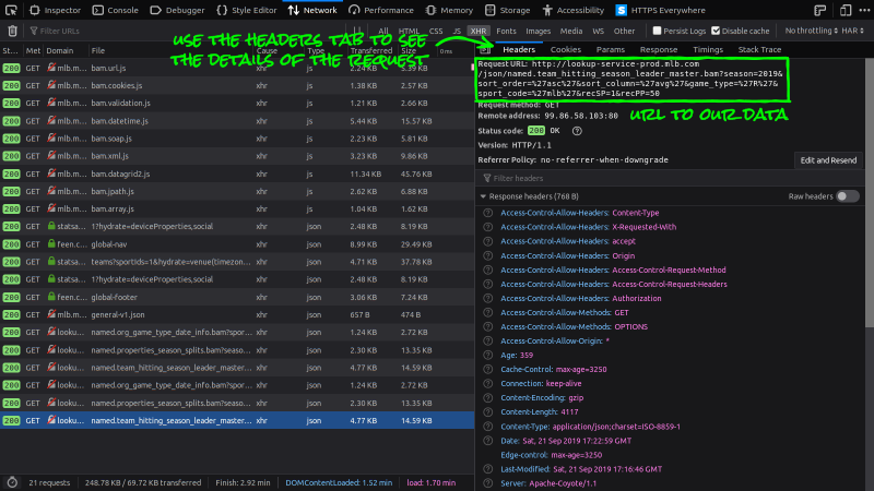 Screenshot about the details of the request made to the API to download the stats data we need to answer our question.