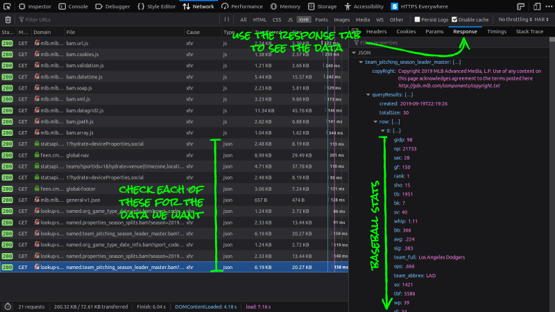 Screenshot of the JSON response from the MLB's "team_pitching_season_leader_master" endpoint.