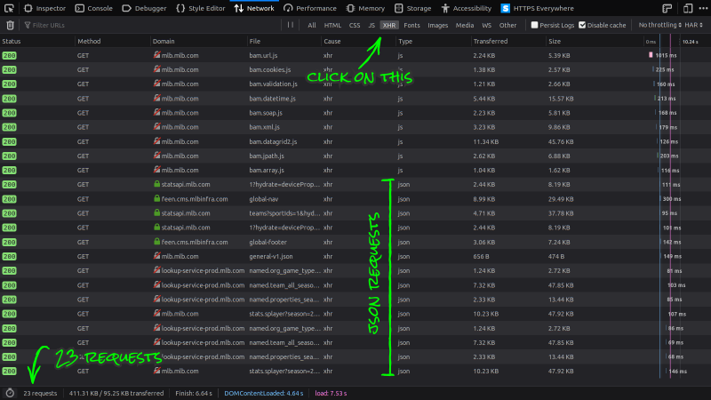 Screenshot of the Network tab in Firefox's Developer Tools showing the 23 filtered requests after applying the XHR filter.