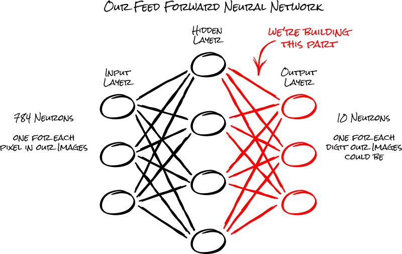 the same neural network model, with the output layer and hidden layer highlighted to indicate we're focusing on this part of our neural network.